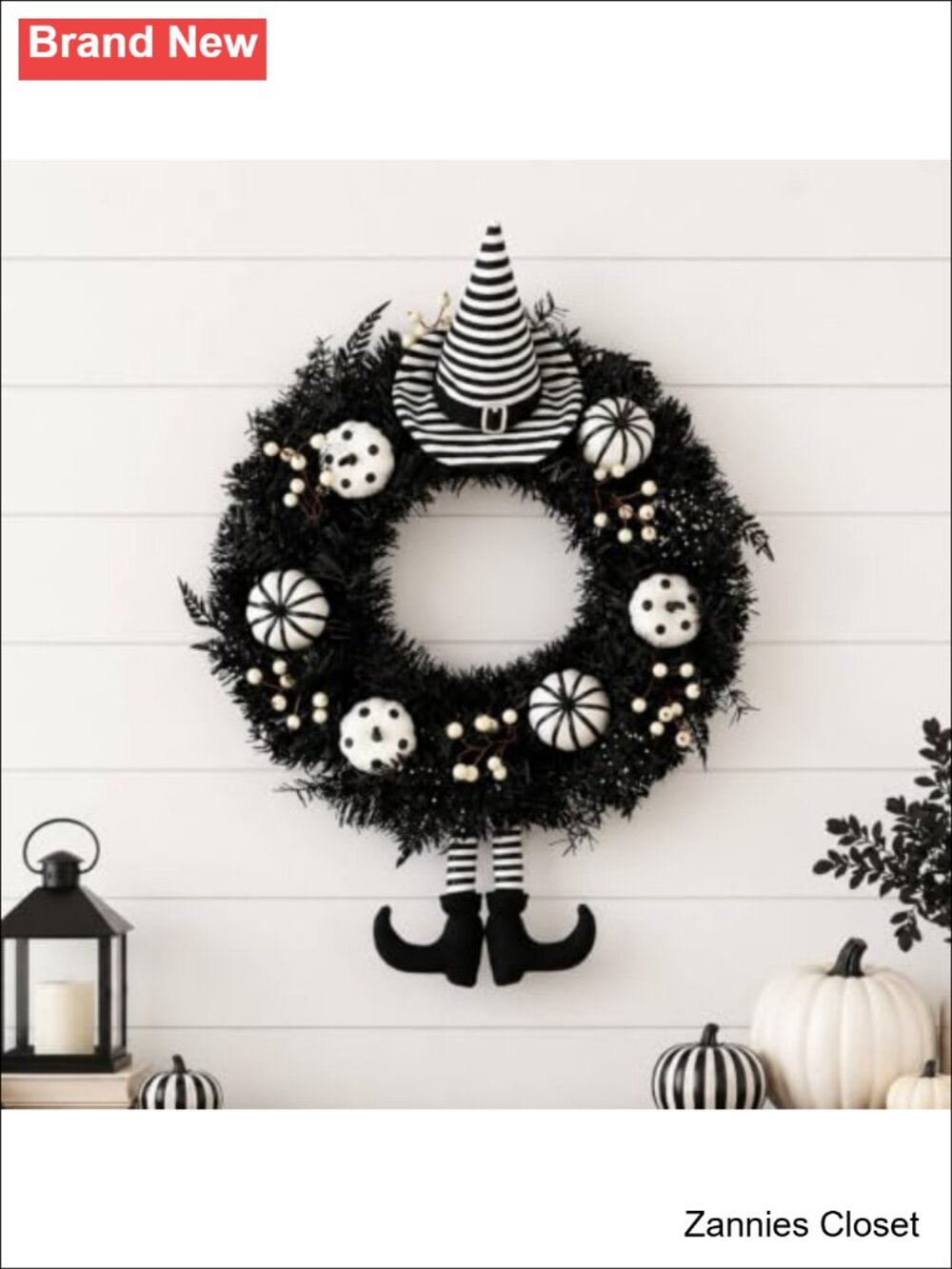 👻 22 Inch Halloween Wreath Witch Hat Striped Legs Front Door Decor